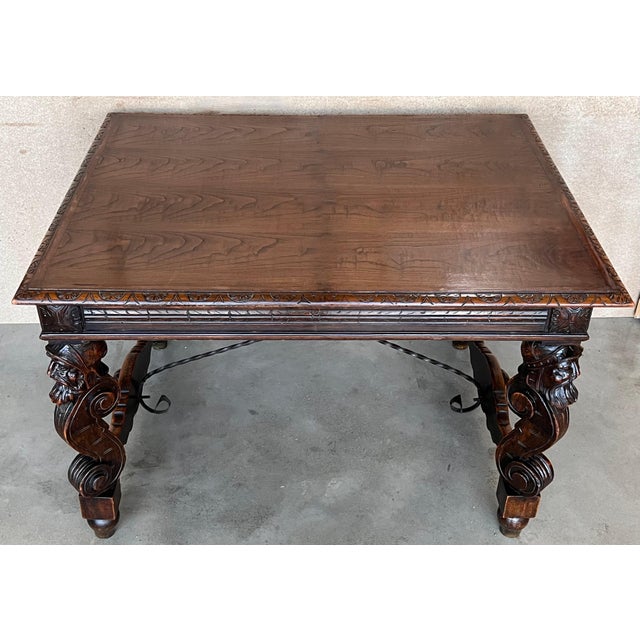 Gothic 19th Spanish Carved Gargoyles Walnut Renaissance Library / Writing or Desk Table For Sale - Image 3 of 18