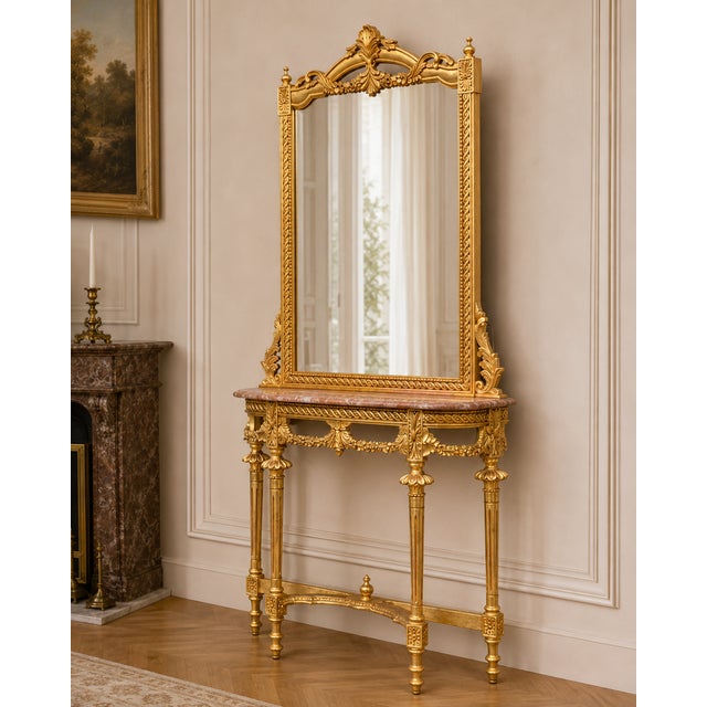 1950 French Louis XVI Gold Console Mirror Set - 2 Pc For Sale - Image 11 of 11
