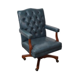 Vintage Blue Tufted Leather Executive Desk Chair For Sale