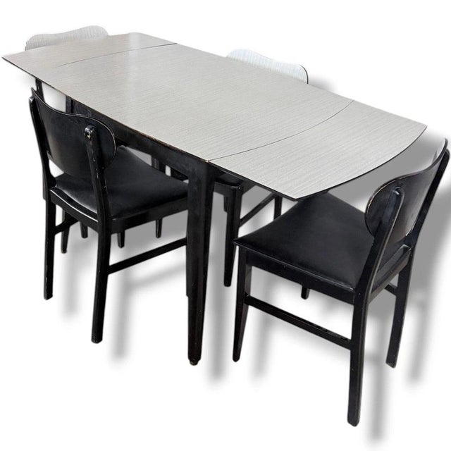 Brown Mid-Century White Formica Extendable Drop-Leaf Dining Table, Set of 5 For Sale - Image 8 of 10