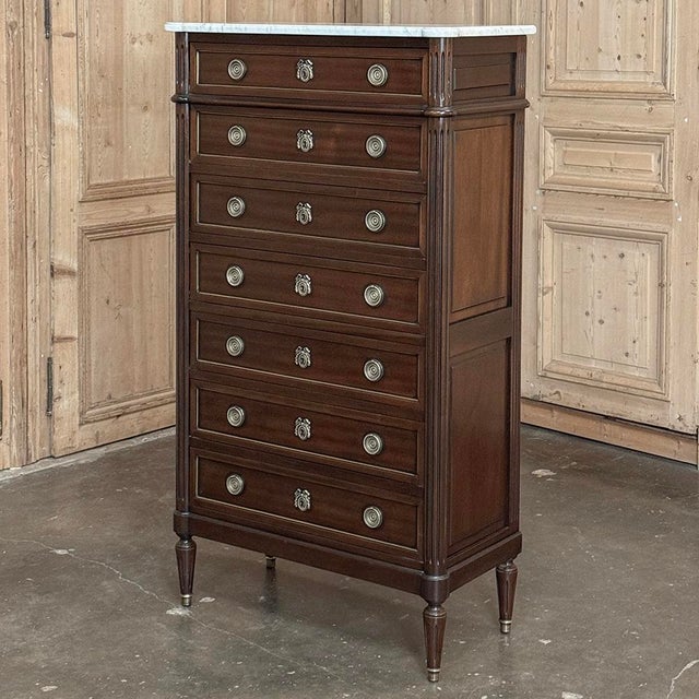 19th Century Louis XVI Mahogany Carrara Marble Top Semainier ~ Tall Chest of Drawers For Sale - Image 4 of 18