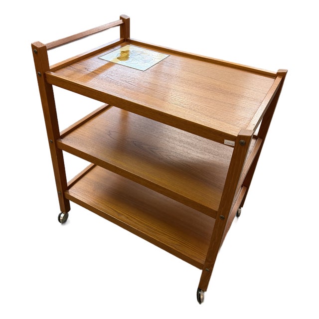 Vintage Mid-Century Danish Modern Teak 3-Tier Bar Cart With Flower Tile Inset by Brdr. Furbo For Sale