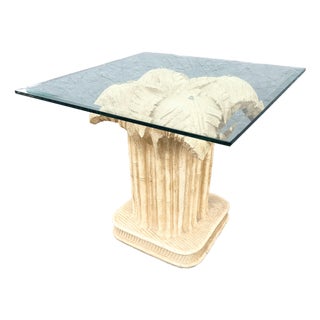 Boho Chic Faux Bamboo Banana Leaf Glass Top Side Table For Sale