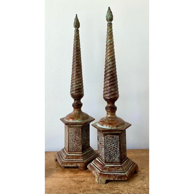 Vintage Boho Patinated Metal Obelisks - A Pair For Sale - Image 12 of 12