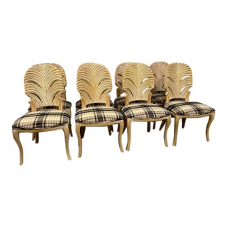 Late 20th Century Wood Carved Palm Frond Leaf Chairs, Set of 6 For Sale