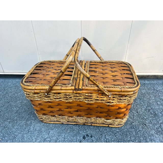 Brown 1970s Vintage Scorched Bamboo and Woven Wood Picnic Basket For Sale - Image 8 of 8