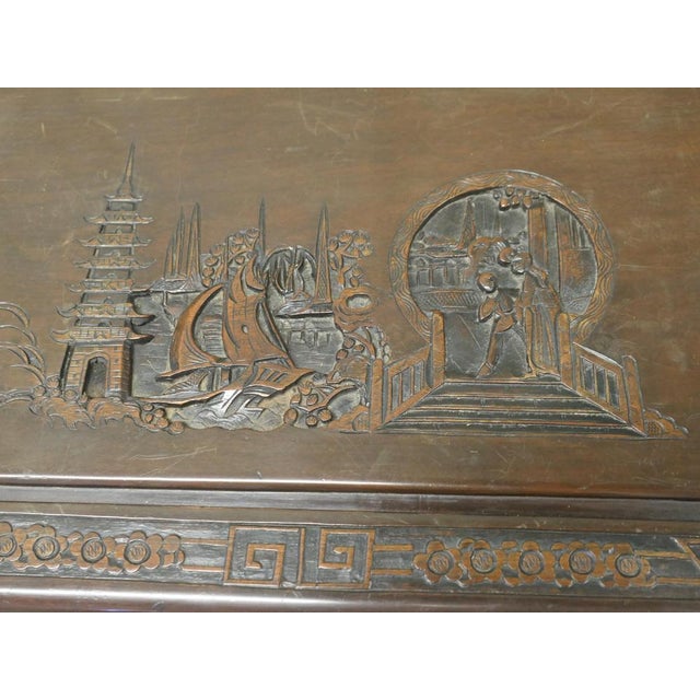 Art Deco Carved Dark Camphor Wood Chest, 1920 For Sale - Image 3 of 8