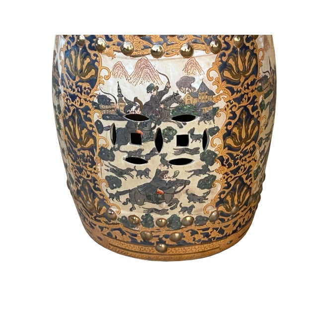 Ceramic Vintage Oriental Chinoiserie Horse Riding Porcelain Stool Table Ottoman For Sale - Image 7 of 11