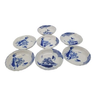 Late 20th Century Ko-Imari Landscapes – Japanese Vintage Blue and White Mame Plates Set of 7 For Sale