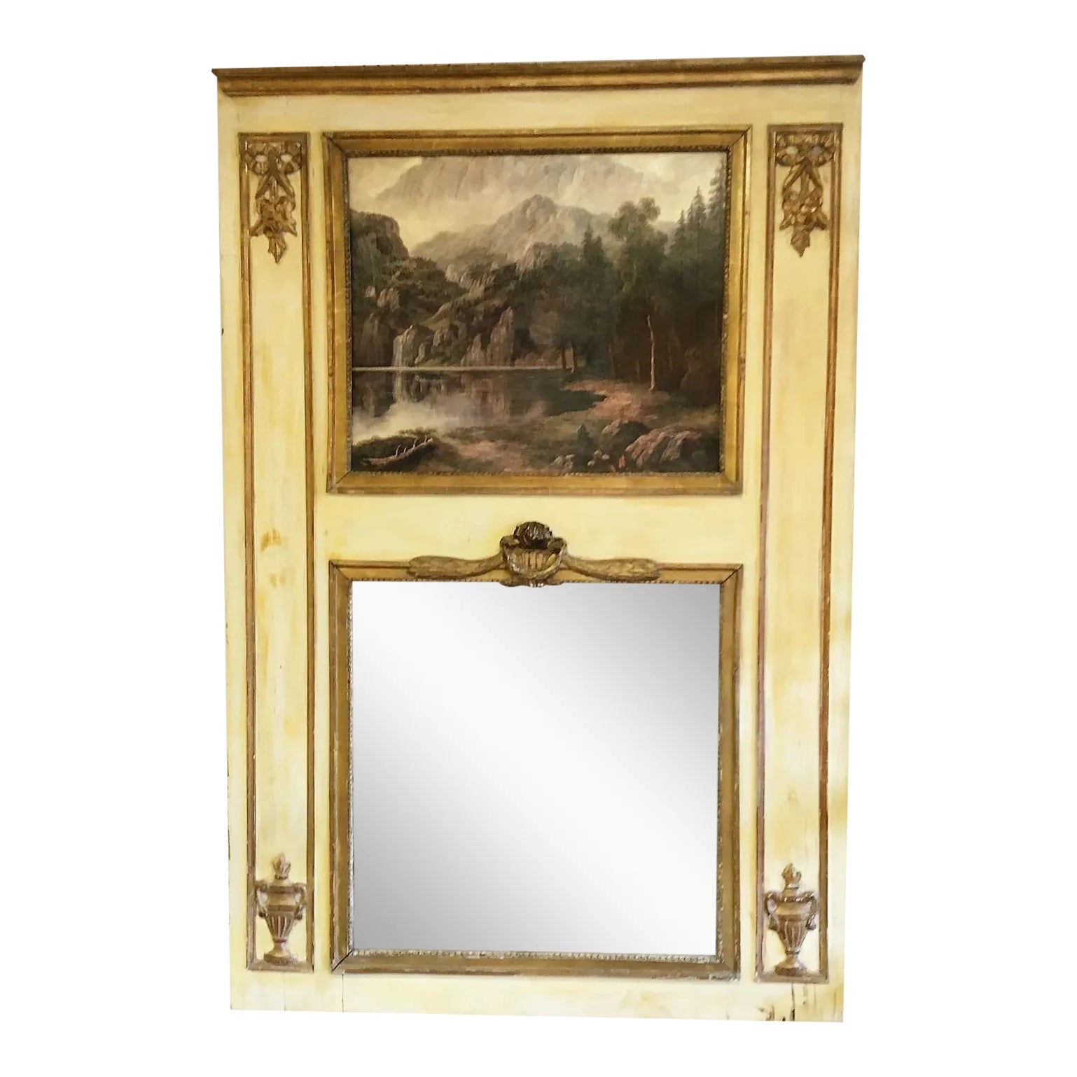 Antique French Trumeau Mirror With Hand Painted Inset Top Panel and