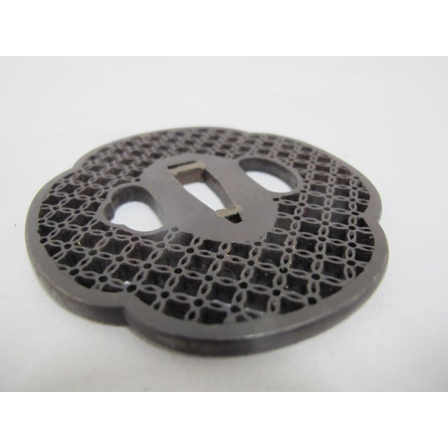 Metal Iron Tsuba Japanese Edo Era Sword Guard Very Fine Mitsu-Ura Fishnet Design For Sale - Image 7 of 8
