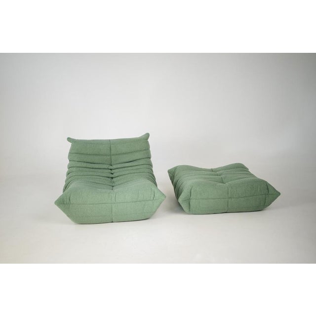 Textile Set of Togo Lounge Chair and Pouf in Mint Bouclet Fabric by Michel Ducaroy for Ligne Roset, 1973 For Sale - Image 7 of 18