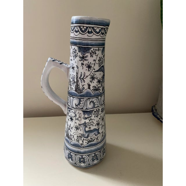 Rustic European Vintage Portugal Pottery Hand Painted Tall Pitcher For Sale - Image 3 of 13