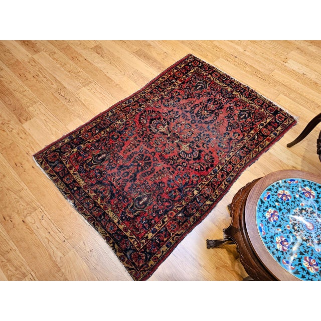 Vintage Persian Sarouk Area Rug, Hand-Knotted Wool, Allover Floral Pattern, 3x5, Red& Navy For Sale In Chicago - Image 6 of 14