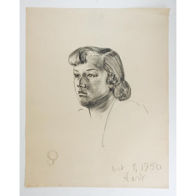 Vintage 1950 charcoal on paper portrait drawing of woman by Geneva Flores Hart (1906-2008) Texas. Signed and dated lower...