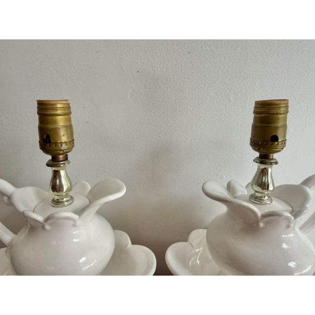 French Country 1970s French Country White Ceramic Pitcher and Basin Lamp Pair For Sale - Image 3 of 8