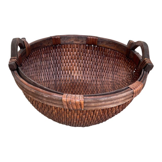 Vintage Asian Woven Willow Gathering Basket For Sale
