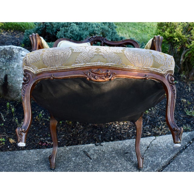 Pair Vtg. French Louis XV Style Carved Walnut Armchairs Gold Damask Chairs For Sale - Image 18 of 18
