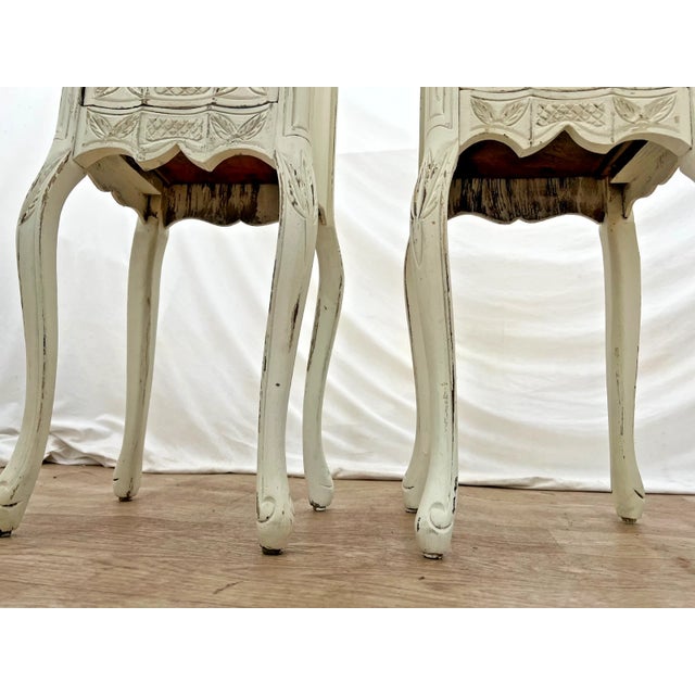 Early 20th Century French Nightstands Bedside Chests Marble Top Shabby Chic Distressed Petite Size For Sale - Image 11 of 11