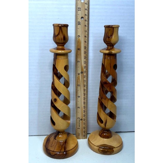 Mid-Century Modern Vintage MCM Holy Land Olive Wood Spiral Pilar Candlesticks Holders-Pair For Sale - Image 3 of 7