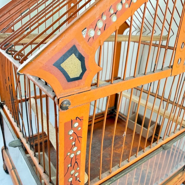 Metal Art Deco Orange Japanned Metal Bird Cage, Hand-Painted, Circa 1900-1920 For Sale - Image 7 of 18