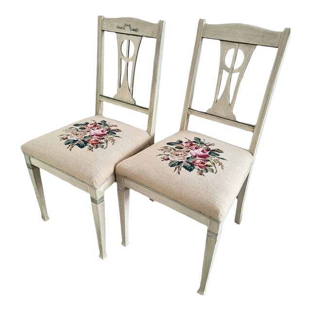 1950s Shabby Chic Upholstered Chairs With Floral Needlepoint – Set of 2 For Sale