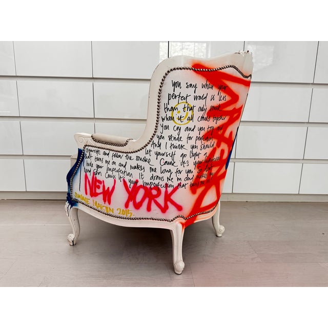 Pair of Bespoke Jimmie Martin Hand-Painted White Leather Graffiti Armchairs For Sale - Image 14 of 18
