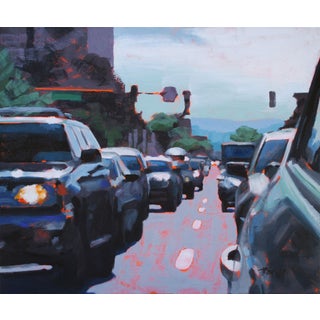 Lunch Rush by Tracy Wall | Oil Painting of cars in traffic on a city street For Sale