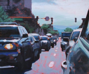 Lunch Rush by Tracy Wall | Oil Painting of cars in traffic on a city street