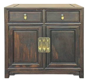 Vintage Brown Wood Patina Deep Wide Side End Table Nightstand Cabinet