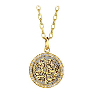 Syna Yellow Gold and Oxidized Silver Tree of Life Pendant with Diamond For Sale