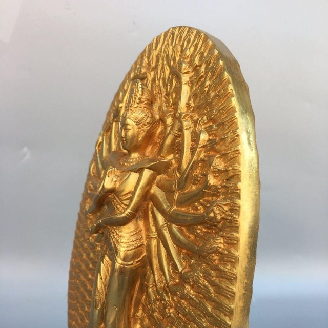Brass Late 20th Century Gilt Brass Thousand-Armed Avalokiteshvara Sculpture, Standing Lotus Statue For Sale - Image 8 of 9
