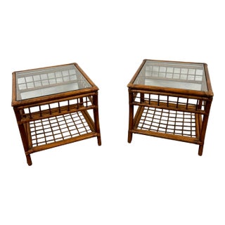 Vintage MCM Style Organic Rattan and Glass Lattice Side Tables End Tables - Pair For Sale