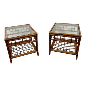 Vintage MCM Style Organic Rattan and Glass Lattice Side Tables End Tables - Pair