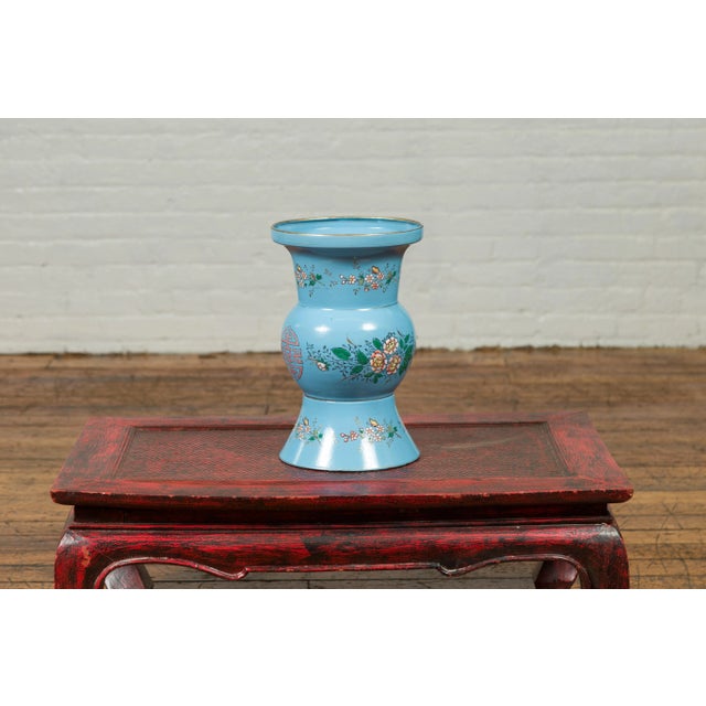 Vintage Chinese Hand Painted Blue Metal Vase with Calligraphy and Floral Décor For Sale - Image 10 of 12