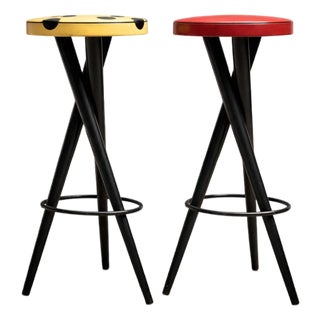 Pair of Bar Stools in Hardwood & Leather, Unknown, 1950s For Sale