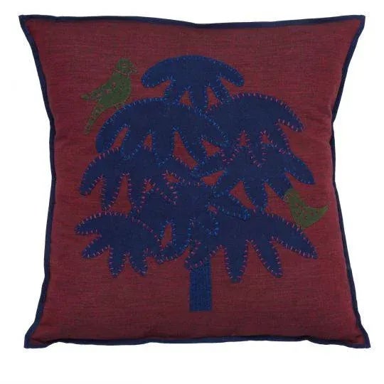 Mango Tree Maroon & Navy Applique Pillow Cover, 16"x16" For Sale - Image 4 of 4