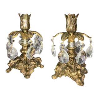 1960s Brass Candlestick Holders With Clear Crystal Prisms- Set of 2 For Sale