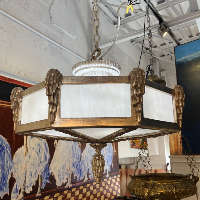 Brutalist Mid 20th Century Wood Carved Hexagonal and Glass Suspended Cieling Light Chandelier For Sale - Image 3 of 12