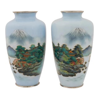Vintage Japanese Cloisonne Enamel Mount Fuji Vases For Sale