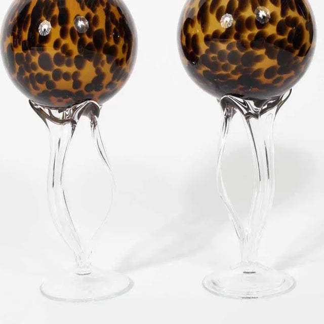 Mid-Century Modern A Pair of Art Glass Stemmed Goblets in Tortoise Shell For Sale - Image 3 of 7