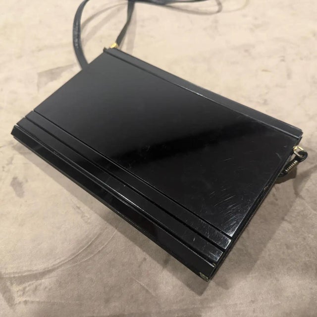 1970s Black Rodoide, Brass and Leather Italian Evening Bag For Sale - Image 4 of 15