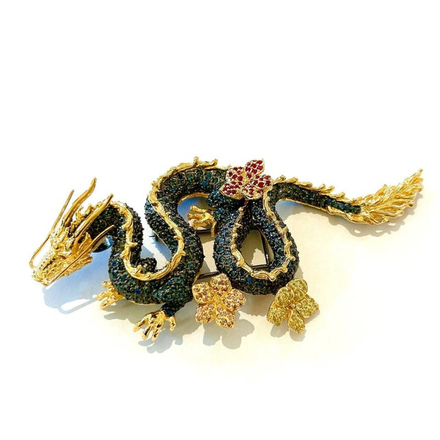 Bochic Dragon Vintage Sapphire & Tasvorite Brooch Set In 18K Gold & Silver For Sale - Image 13 of 18