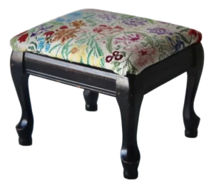 Vintage Vibrant Floral Needlepoint Footstool Ottoman Mid-Century