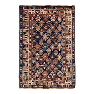 Antique Caucasian Handmade Multicolor Geometric Wool Rug For Sale