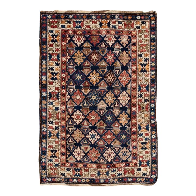 Antique Caucasian Handmade Multicolor Geometric Wool Rug For Sale