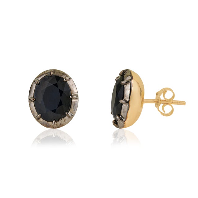 Metal 14k Gold 6.97ct Bold Deep Blue Sapphire Stud Earrings With Black Rhodium For Sale - Image 7 of 15