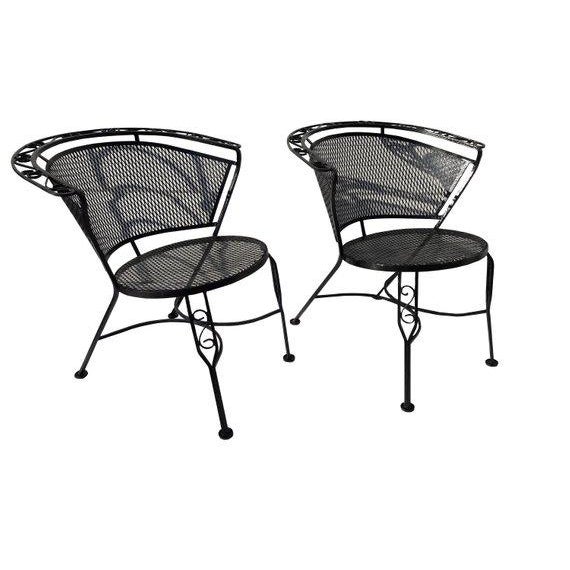 Pair Mid Century Salterini Mesh Wrought Iron Garden Patio Chairs