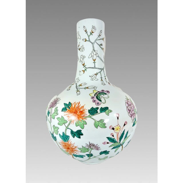Mid 20th Century Large Chinese White Porcelain Flower Vase With Foliage & Butterflies, Tianqiuping, Signed H22" For Sale - Image 5 of 10
