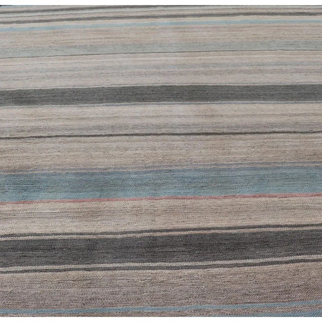 Modern Modern Kilim Rug With Large Stripes in Shades of Blue Taupe Gray For Sale - Image 3 of 13